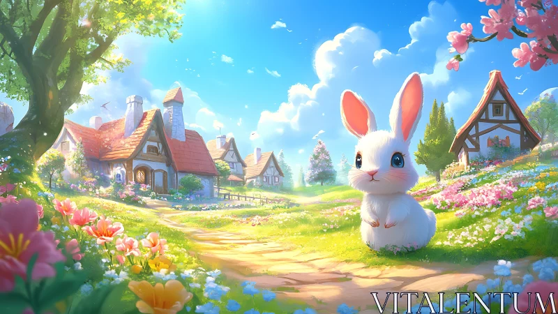 White rabbit on village path in bright spring landscape.