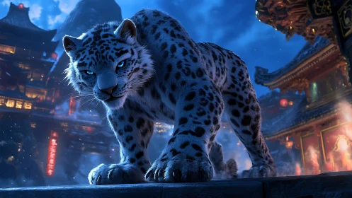 Snow Leopard Guardian in Neon-Lit Eastern Sanctuary.