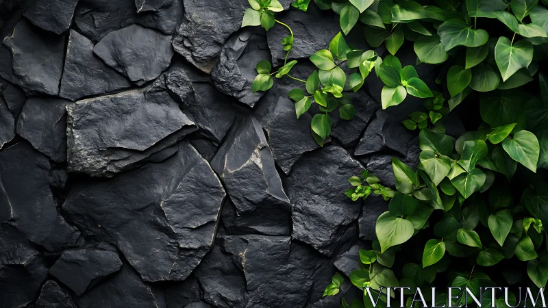 Lush green ivy climbs across dark slate stone wall surface.
