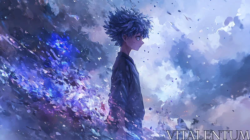 Side-profile anime figure within abstract cloud field.