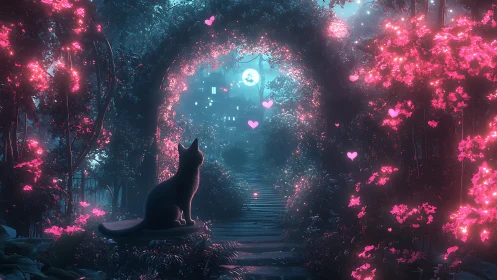 Cat observing glowing hearts in neon lit fantasy garden.