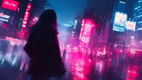 Wanderer in neon rainlit city streets at midnight calm.