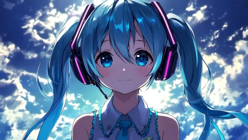Blue haired anime girl with headphones under bright sky.