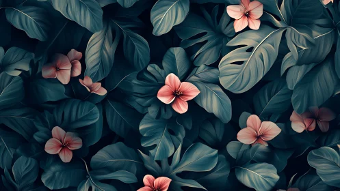 Layered tropical foliage and hibiscus rendered in moody teal lighting