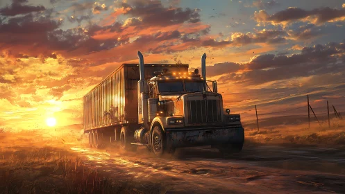 Sunstruck highway titan roaring through molten dusk sky.