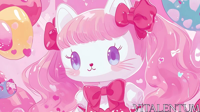 Anthropomorphic Cat Character with Pink Hair Bow.