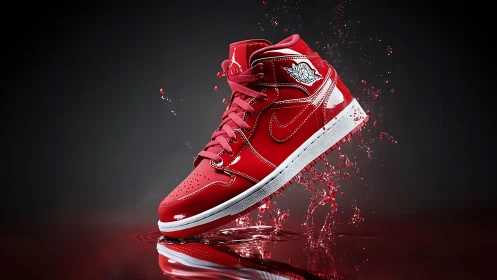 Red athletic sneaker is rendered with dynamic liquid splash