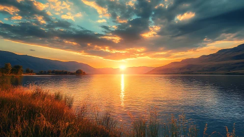 Sunset light reflects across calm lake between low hills