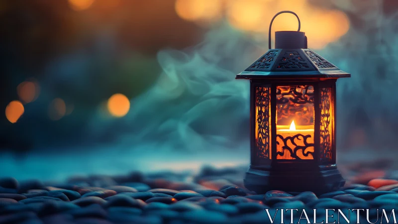 Illuminated decorative lantern on pebbled ground with bokeh background