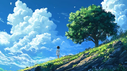 Cloud towers drift while a hillside dreamer listens for wind