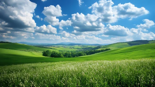 Layered green hills under cumulus cloud sky in daylight.