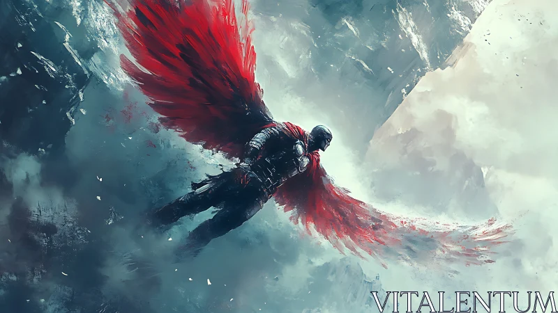 Armored winged warrior soars through storm-torn frozen skies