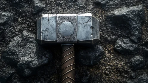 Storm-forged war hammer rests silent on rugged obsidian stone