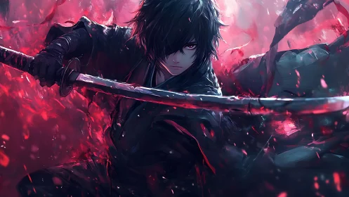 Dark swordsman unleashes crimson power in swirling battle haze.