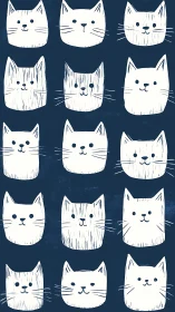 Hand-drawn cat faces in varied expressions on navy background.