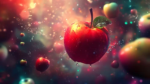 Glowing red apple drifts through sparkling cosmic water.