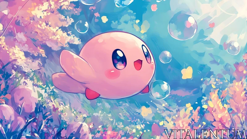 Pastel-rendered pink character floating amid luminous bubbles