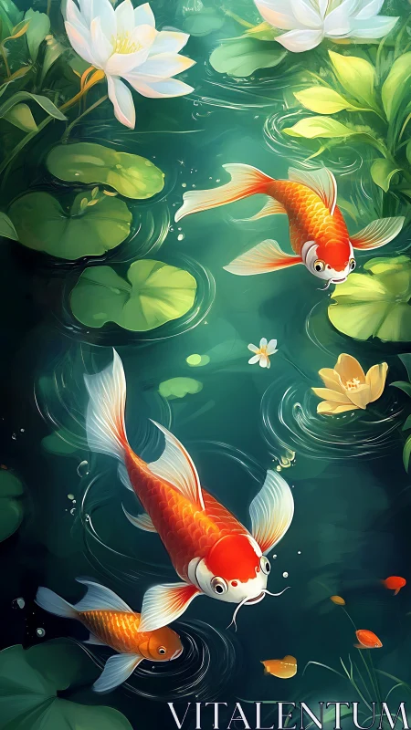 Graceful koi glide through a tranquil lily-filled pond