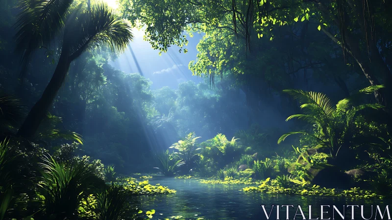 Luminous Jungle Sanctuary: Rainforest Glade With Crystalline Waters.