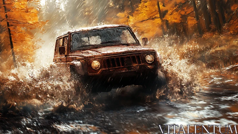 Mud-slinging trail hero charging through autumn stormwater.