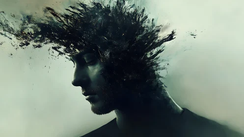 Male side profile dissolves into dark abstract brush burst