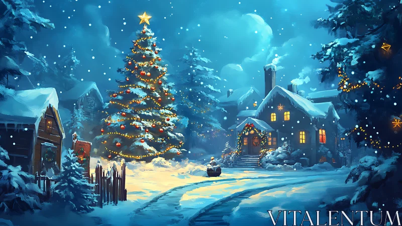 Snowy village Christmas tree under cinematic moonlit sky.