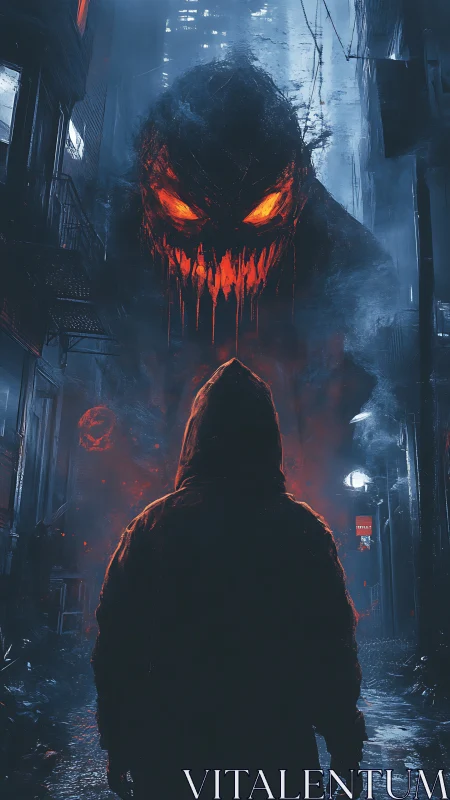 Hooded figure confronts fiery monster in dark city alley.