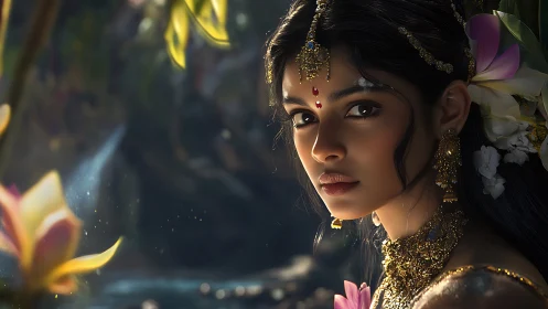 Soft starlit gaze rests amid jeweled blooms and quiet water