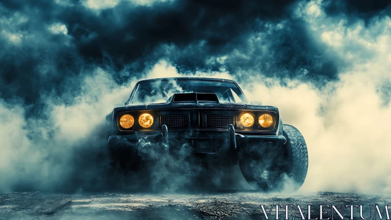 Storm-chasing muscle car prowls through fog and firelight