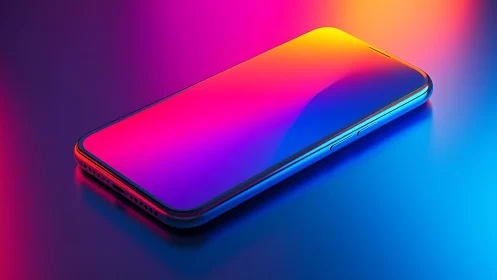 Smartphone lies on surface under gradients of neon lighting