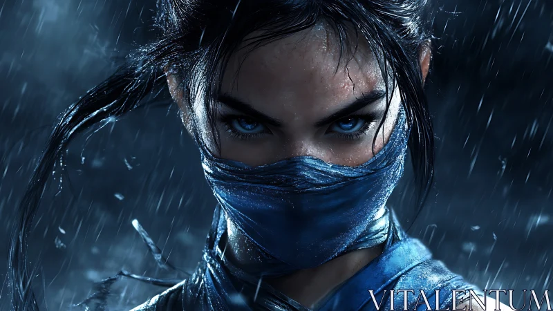 Storm-lit warrior’s blue gaze holding quiet, fierce courage.