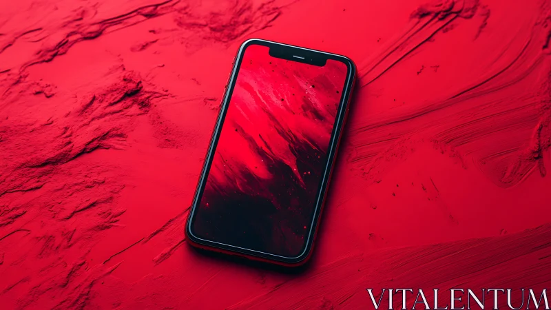 Smartphone on red textured surface creates bold monochrome contrast