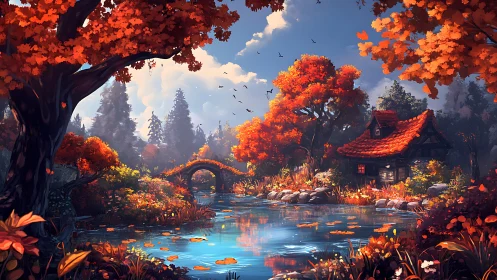 Autumn riverside cottage under glowing maple canopy at dusk.