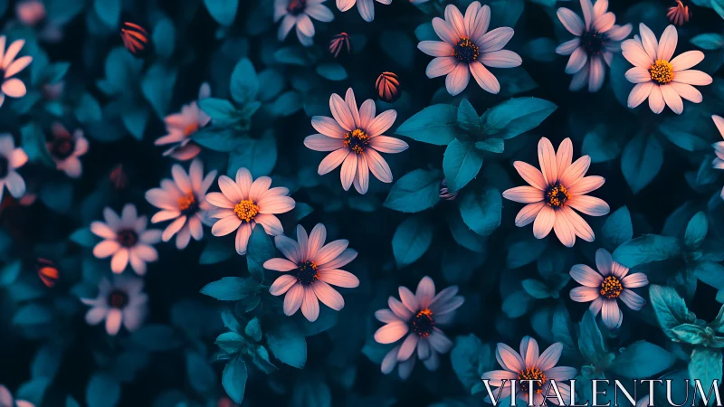 Coral Daisies Bloom in Twilight Shadows.