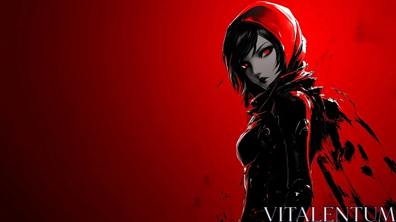 Crimson hooded warrior stands bold against a burning red sky