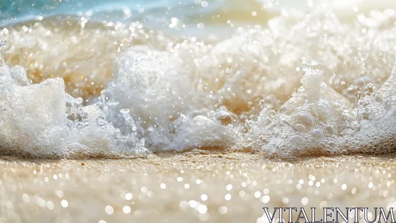 Sunlit shorebreak surf forms sparkling foamy textures.