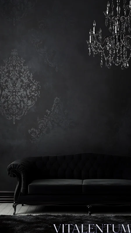 Dark interior with black sofa, chandelier, and wallpaper.