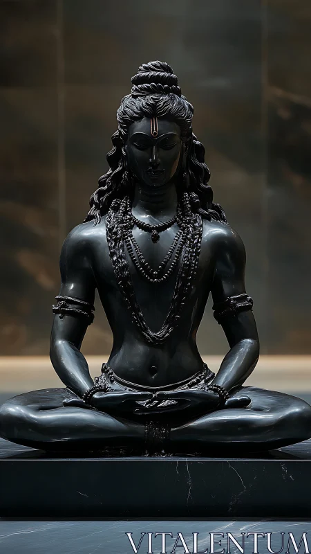 Serene dark stone yogi sculpture in peaceful meditation.