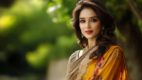 Elegant woman in embroidered sari under soft daylight