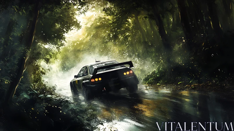Rain-slick jungle rally car slicing through emerald mist.