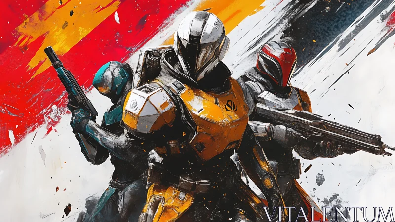 Three armored sci fi soldiers with rifles in dynamic pose.