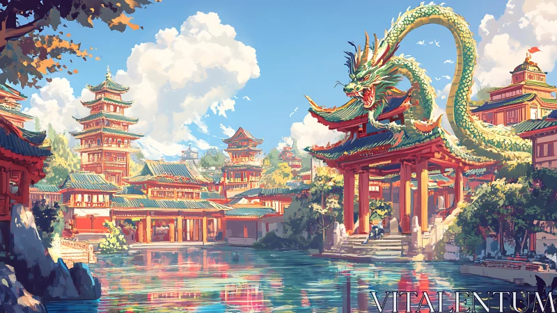 Sky-bright dragon curls over sunlit pagoda city of mirrors