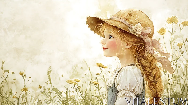 Sunlit braided girl in straw hat amid soft yellow florals.