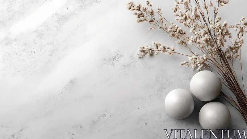 Minimalist marble still life with white spheres and dried stems.