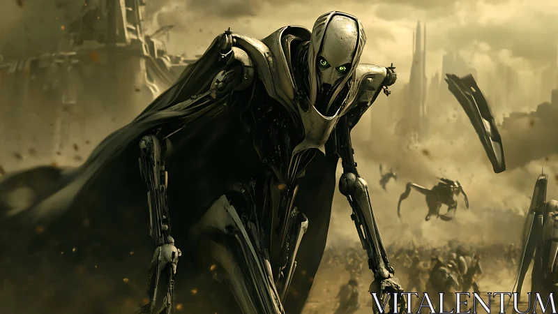 Towering robot commander strides across a hazy war zone