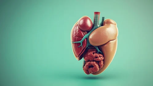 Surreal Anatomical Heart with Human Organs, Digital Illustration.