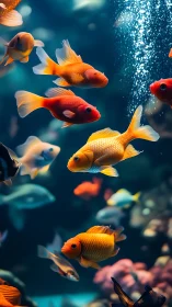 Goldfish swimming in dense aquarium with rising bubbles.