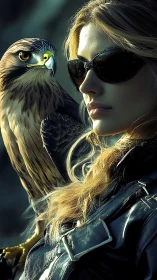 Close-cropped falconer portrait with raptor and tactical gear lighting