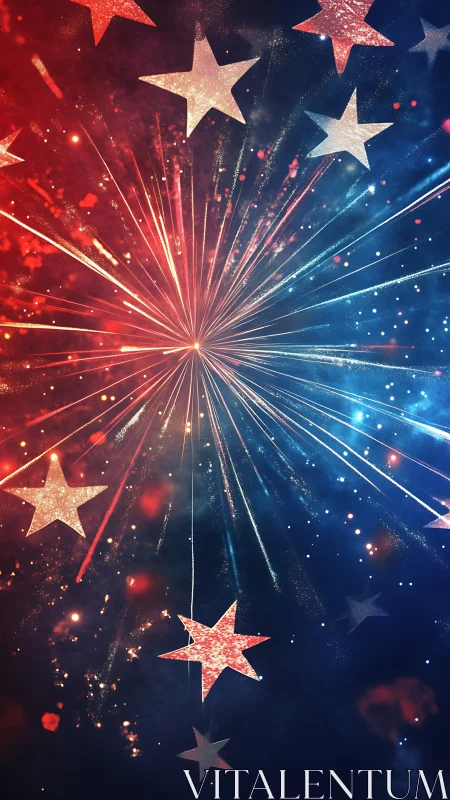 Patriotic starburst fireworks over red and blue backdrop.