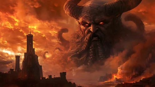 Colossal horned entity above burning fortress landscape.